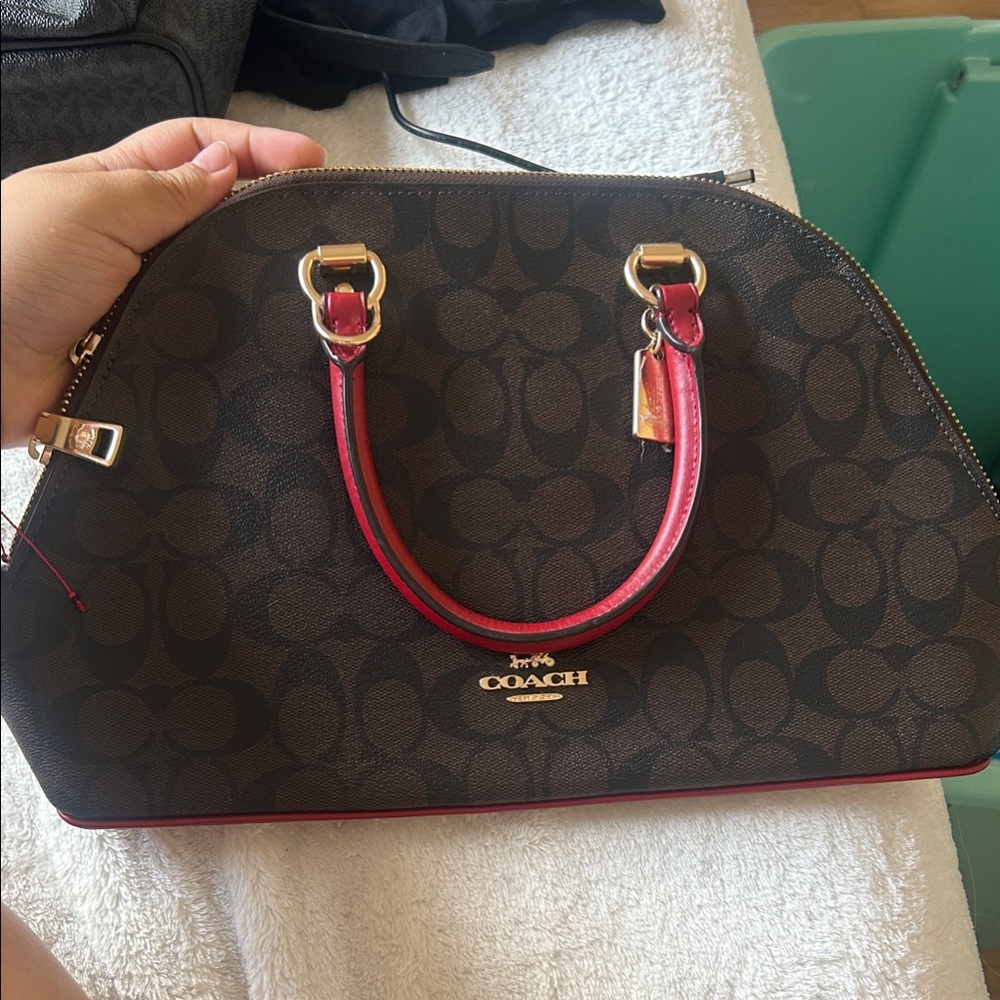 Coach Signature Brown Satchel with Red Accents